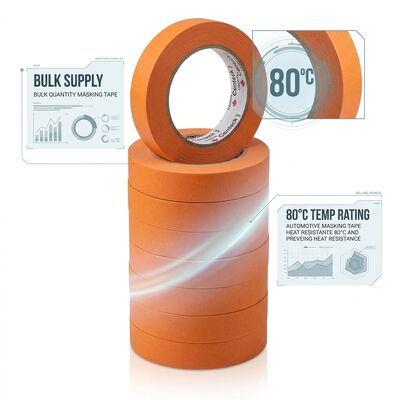 Fornecedor chinês vende no atacado fita adesiva laranja para mascaramento automotivo resistente ao calor de 80 graus, com alta viscosidade e possibilidade de personalização com embalagem original